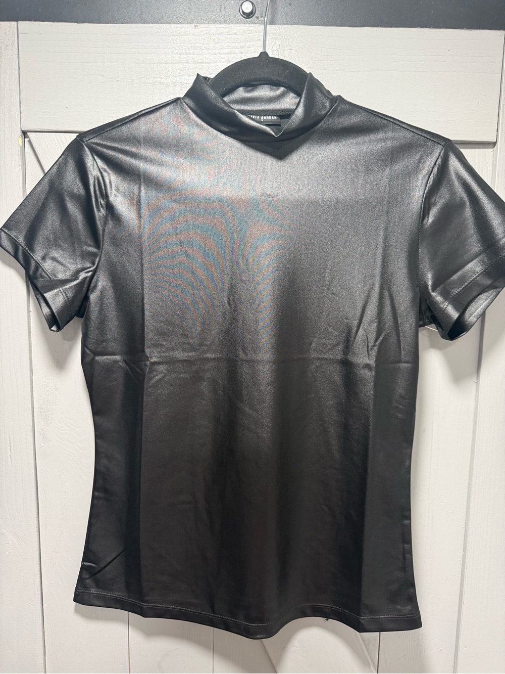 Faux Leather Mock Neck Short Sleeve Tee - Black